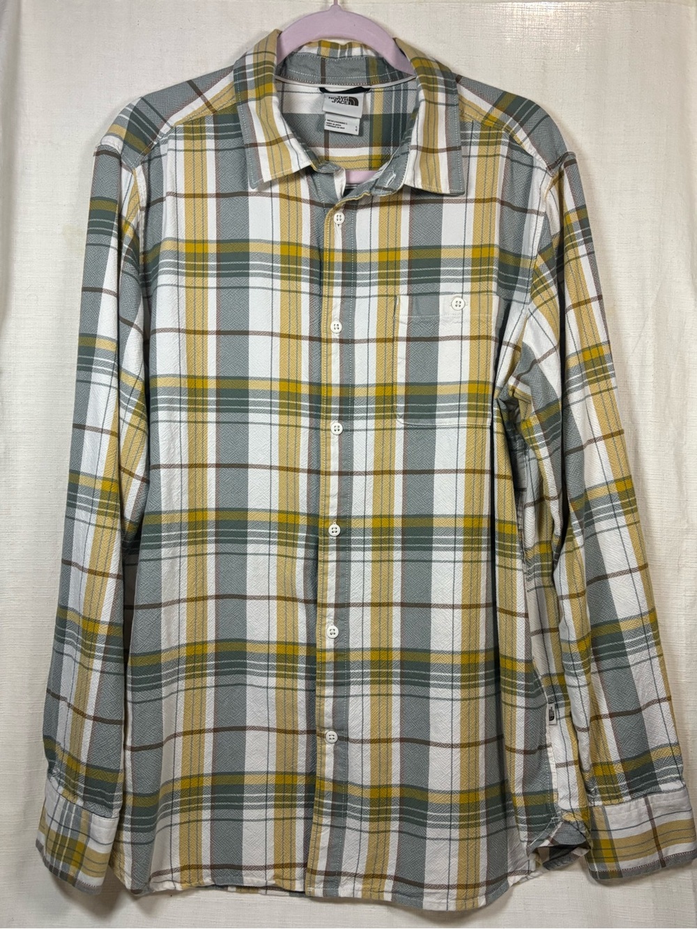 The North Face Men’s L Plaid Button Front Shirt Gray Mustard Long Sleeve Outdoor